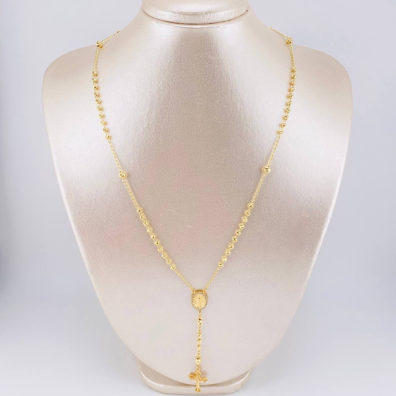Rosario Virgen Milagrosa Cruz Cristo Diamantado 8.9g / 50cm / 3.4mm Oro Amarillo 18K