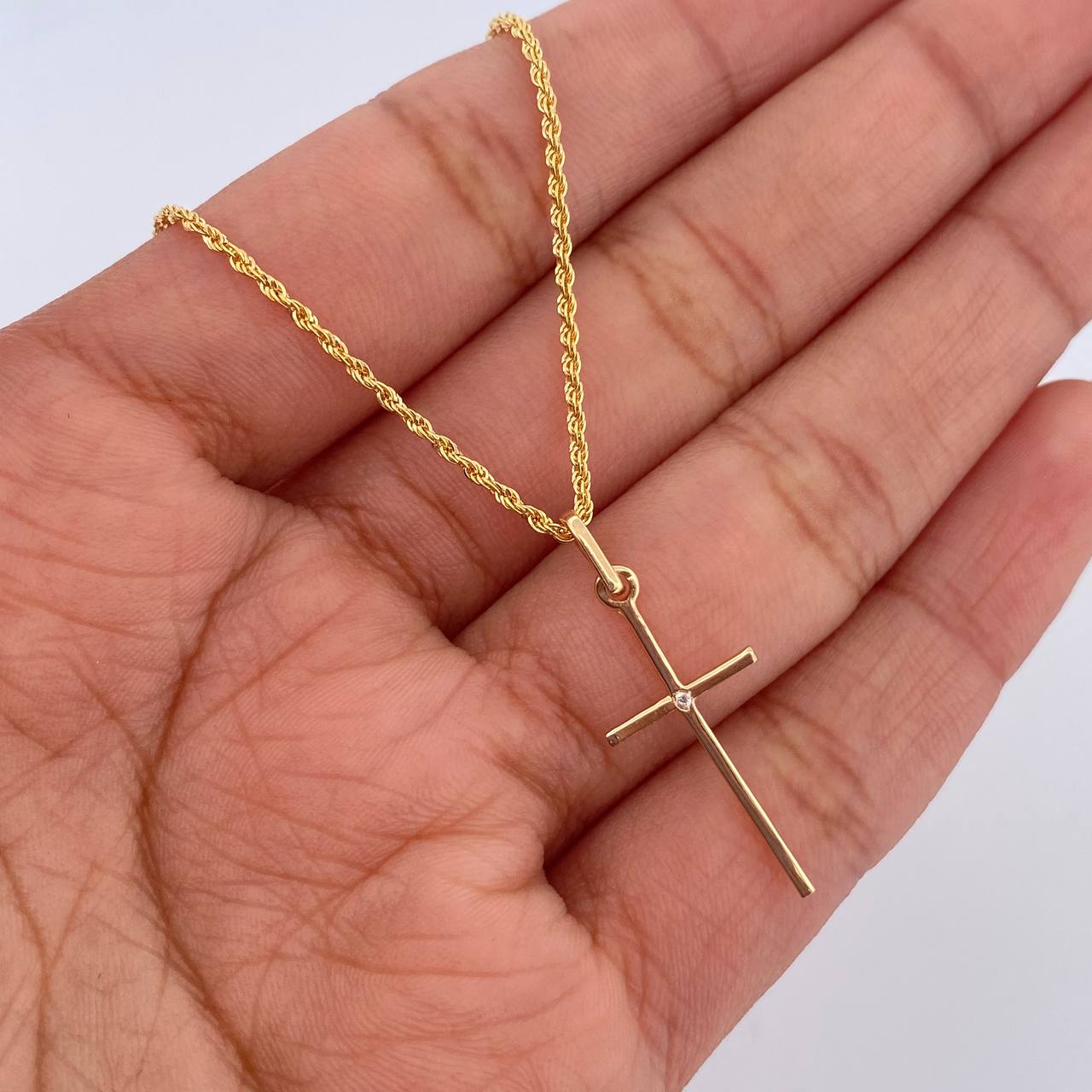 Set Cadena Lazo 0.9gr / 45cm / 1.2mm + Dije Cruz 0.55gr / 2.6cm Circon Blanco Oro Amarillo 18K (Oferta) $