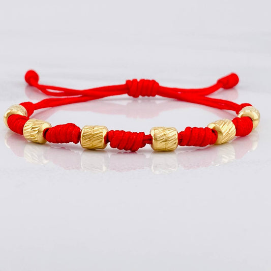 Pulsera Tejida Roja 7 Nudos 6 Cilindros Diamantado Oro Amarillo 18K