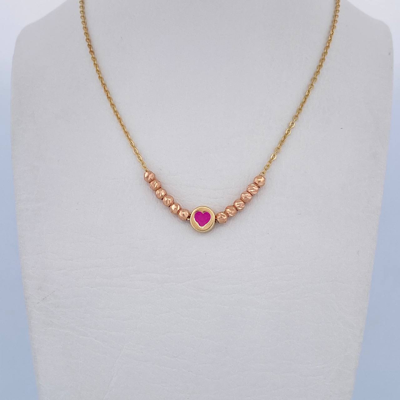 Cadena Aro Seguido Corazon 2.95gr / 41.3cm / 1.3mm Bolas Diamantadas Dos Oros Amarillo Rosa 18K &