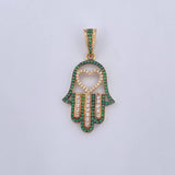 Dije Mano Hamsa 4.25gr / 4cm / Circones Verdes Blancos Dos Oros Negro Amarillo 18K &