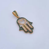 Dije Mano Hamsa 4.25gr / 4cm / Circones Verdes Blancos Dos Oros Negro Amarillo 18K &