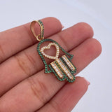 Dije Mano Hamsa 4.25gr / 4cm / Circones Verdes Blancos Dos Oros Negro Amarillo 18K &