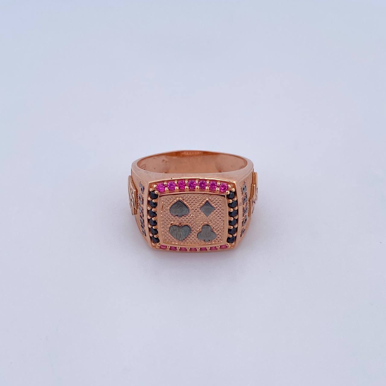 Anillo Poker 9.15gr / T9 1/2 / Circones Fucsias Negros Dos Oros Negro Rosa 18K $