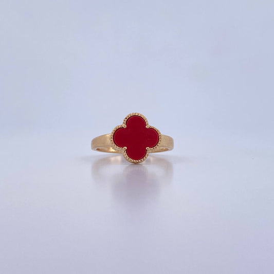 Anillo Trebol 2.75gr / T7 1/4 / Piedra Roja Oro Amarillo Nac.Esp. 18K &