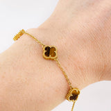 Pulso Aro Seguido Trebol VCyA Punteado 4.45gr / 16cm-19cm / 1.5mm Graduable Cuarzo Ojo de Tigre Oro Amarillo 18K