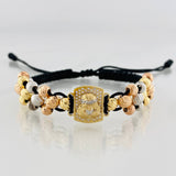 Pulsera Tejida Negra Medalla Cristo Tres Oros 18K