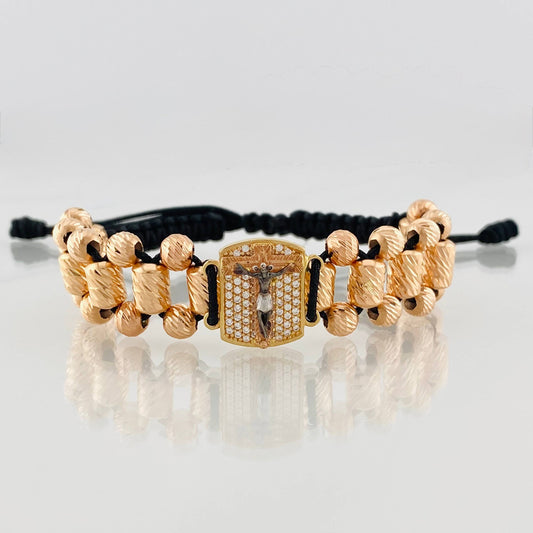 Pulsera Tejida Negra Cruz Cristo Milagroso de Buga Tres Oros 18K