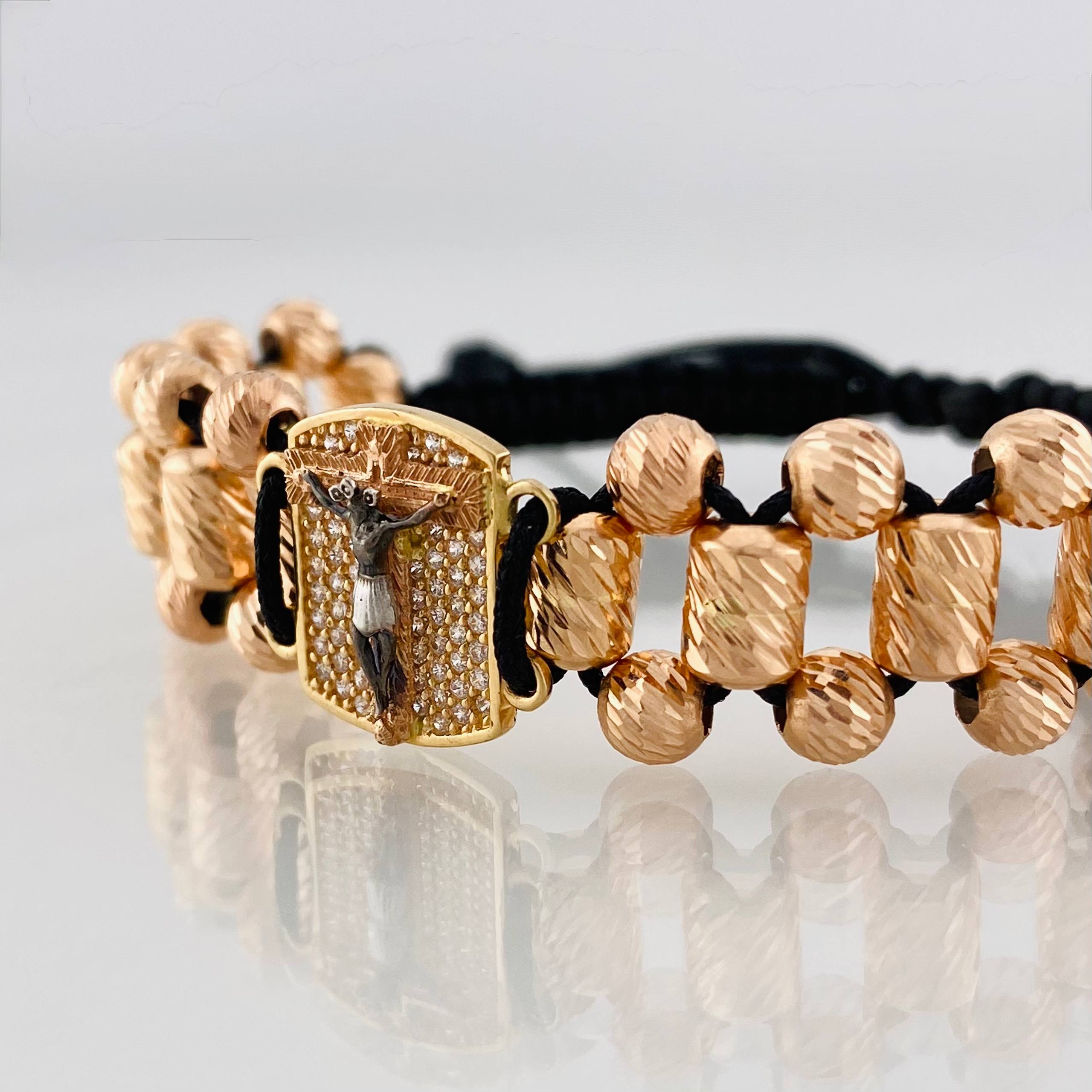 Pulsera Tejida Negra Cruz Cristo Milagroso de Buga Tres Oros 18K