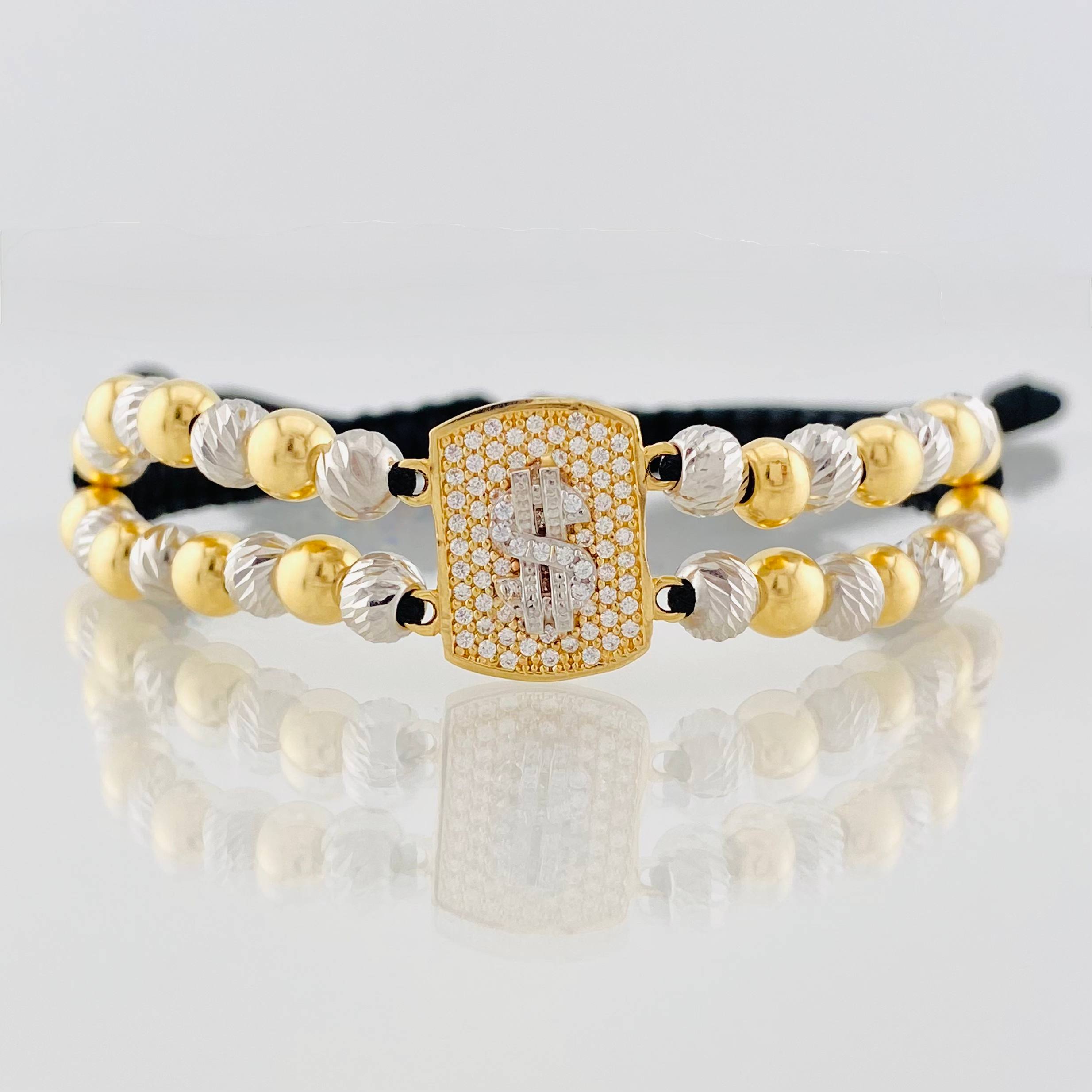 Pulsera Tejida Negra Signo Peso Dos Oros Amarillo Blanco 18K