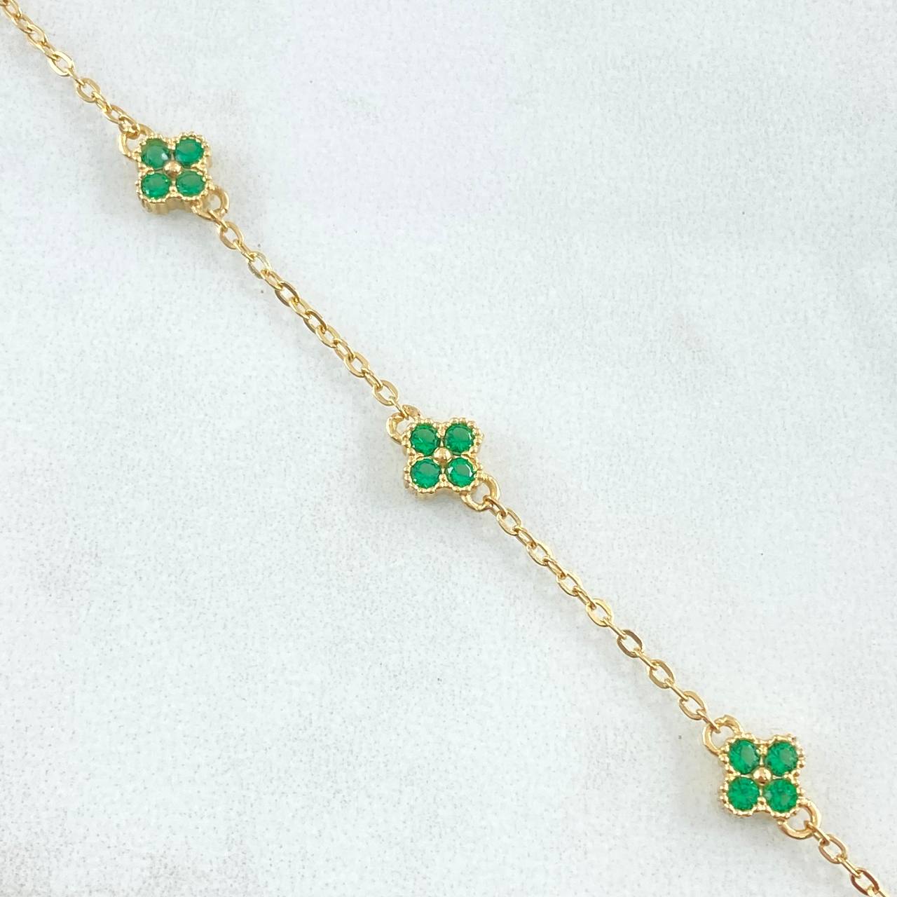 Pulso Aro Seguido Flor 2.7gr / 19cm-20cm / 1.4mm Circones Verdes 4 Und Oro Amarillo 18K