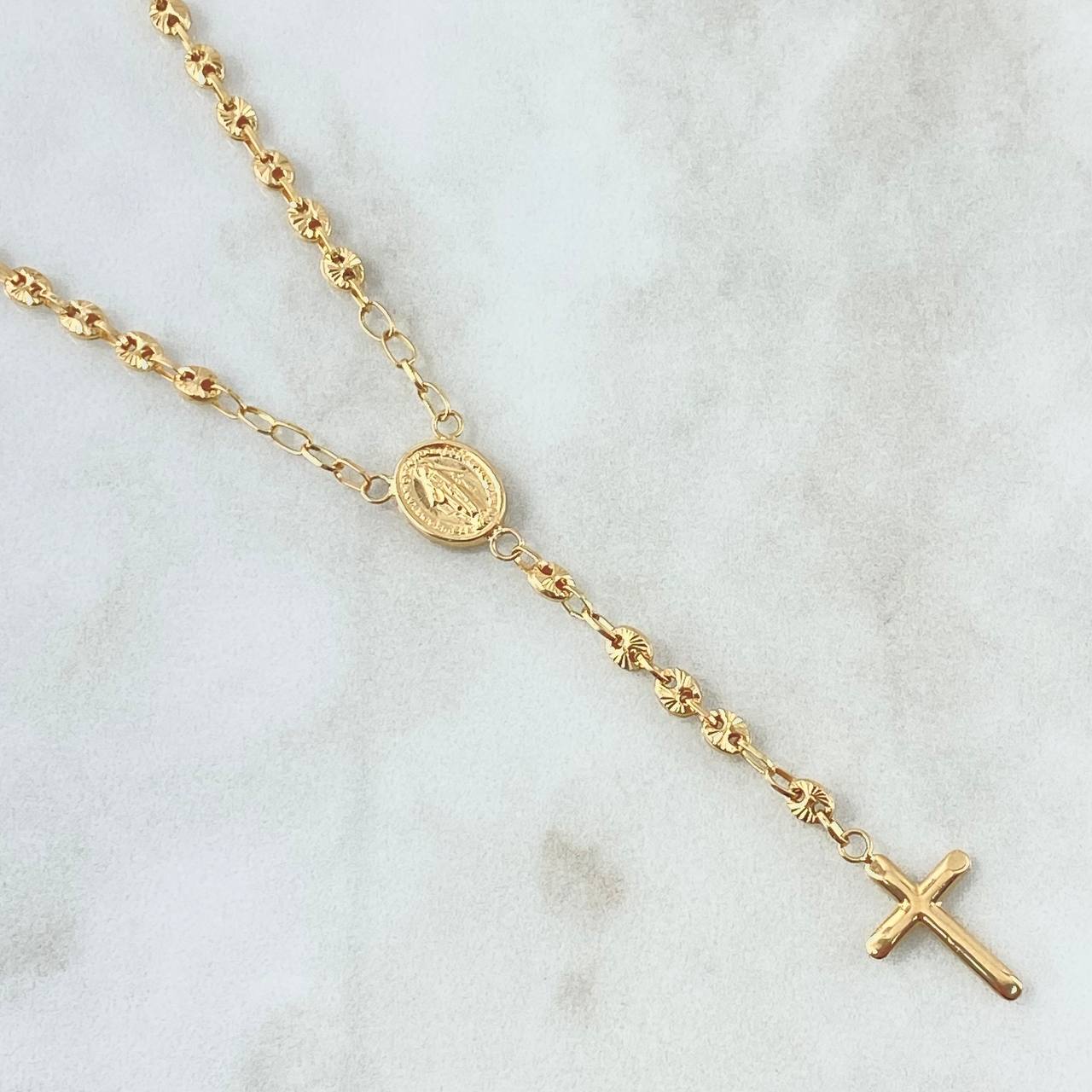 Rosario GC Virgen Milagrosa 7.55gr / 60cm / 3.4mm Diamantada Cruz Puntas Planas Oro Amarillo 18K