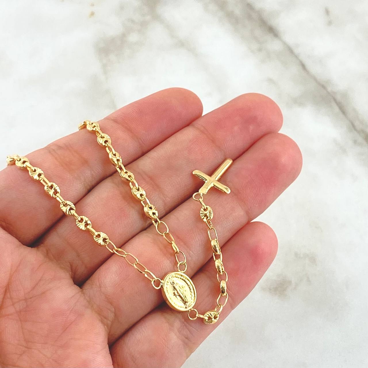 Rosario GC Virgen Milagrosa 7.55gr / 60cm / 3.4mm Diamantada Cruz Puntas Planas Oro Amarillo 18K