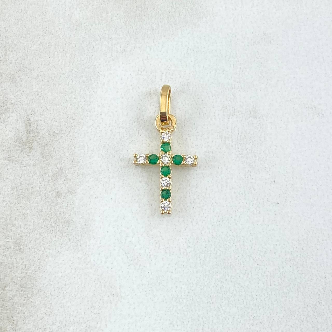 Dije Cruz 0.65gr / 2.4cm / Circones Verdes Y Blancos Oro Amarillo 18K