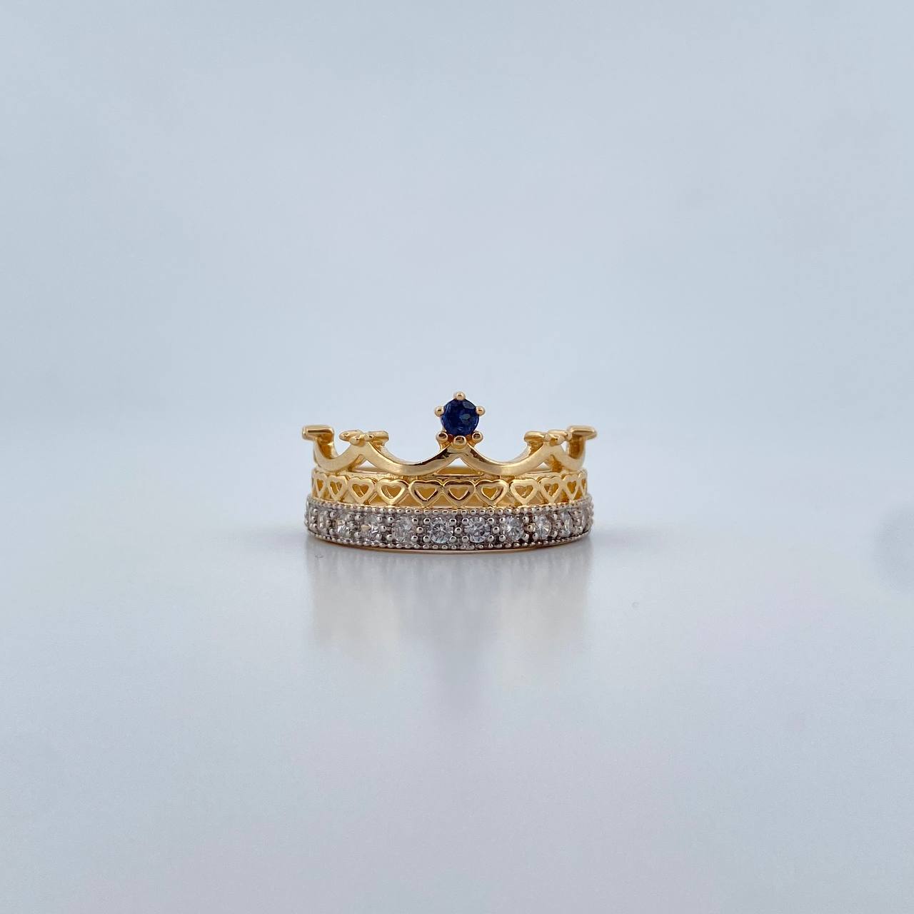 Anillo Corona Corazon 4.05gr / T6 1/2 / Circones Blancos Azul Dos Oros Amarillo Blanco 18K $