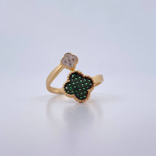 Anillo Trebol Doble 2.9gr / T6 1/4 / Circones Blancos Verdes Oro Amarillo 18K $