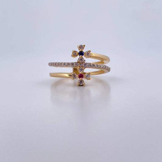 Anillo Flor Cruzada 3.85gr / T6 / Circones Blancos Fucsia Azul Dos Oros Amarillo Blanco 18K $