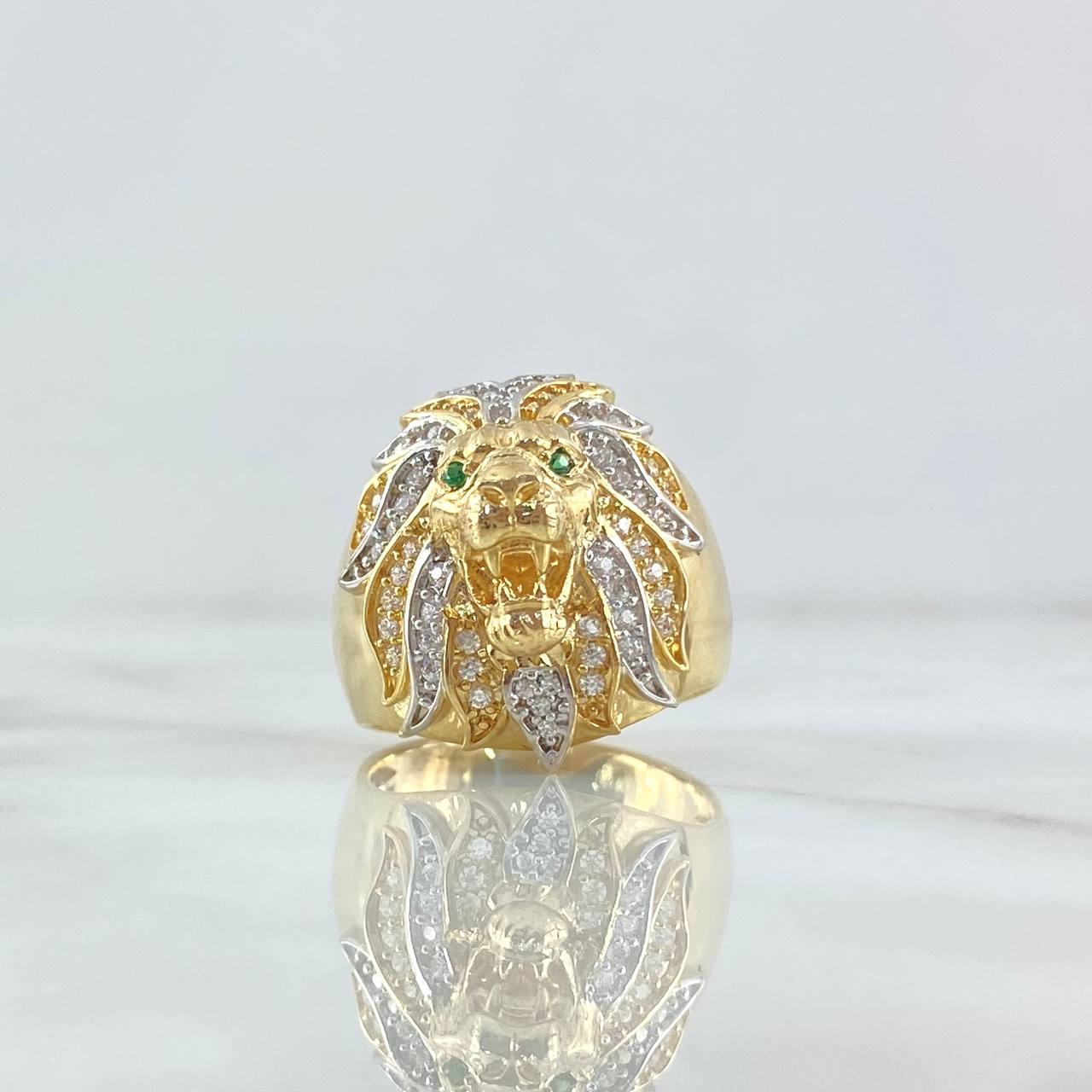 Anillo Leon Basteado 12.6gr / T9 / Circones Blancos -Verdes Dos Oros Amarillo Blanco 18K *