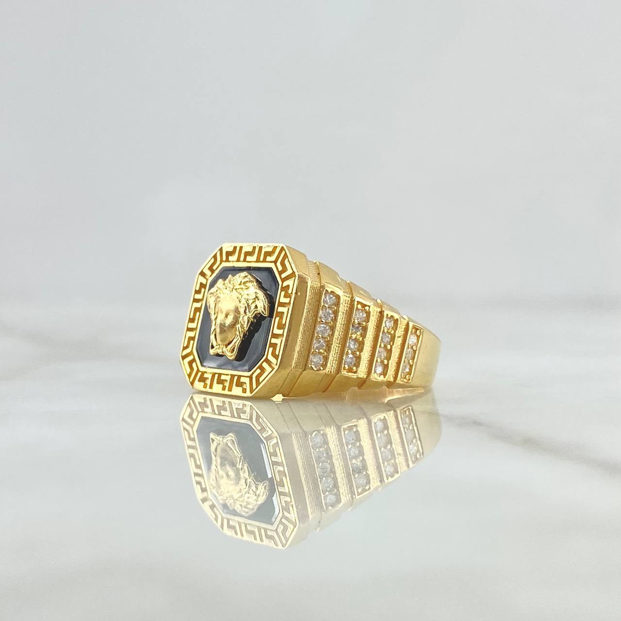 Anillo Medusa Tribal 6.5gr / T9 1/2 / Circones Blancos-Resina Negra Oro Amarillo 18K *