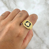 Anillo Medusa Tribal 6.5gr / T9 1/2 / Circones Blancos-Resina Negra Oro Amarillo 18K *