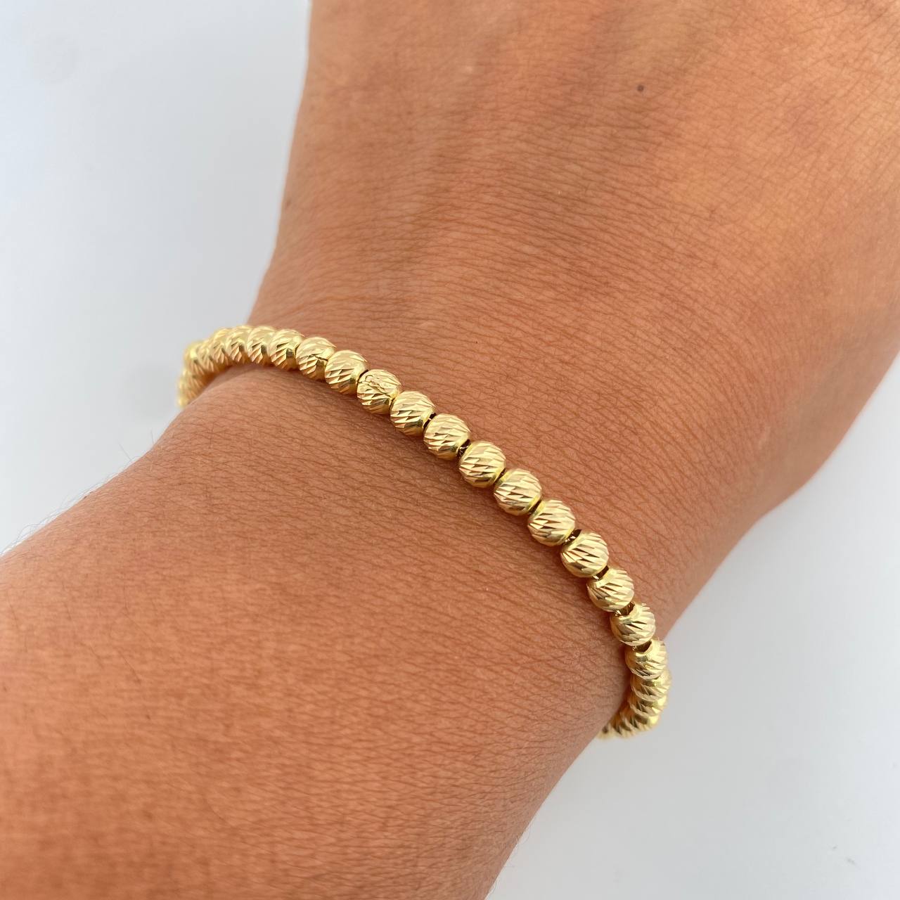 Pulso Tipo Militar 4.5gr / 19.3cm / 4mm Bolas Diamantadas Oro Amarillo 18K &
