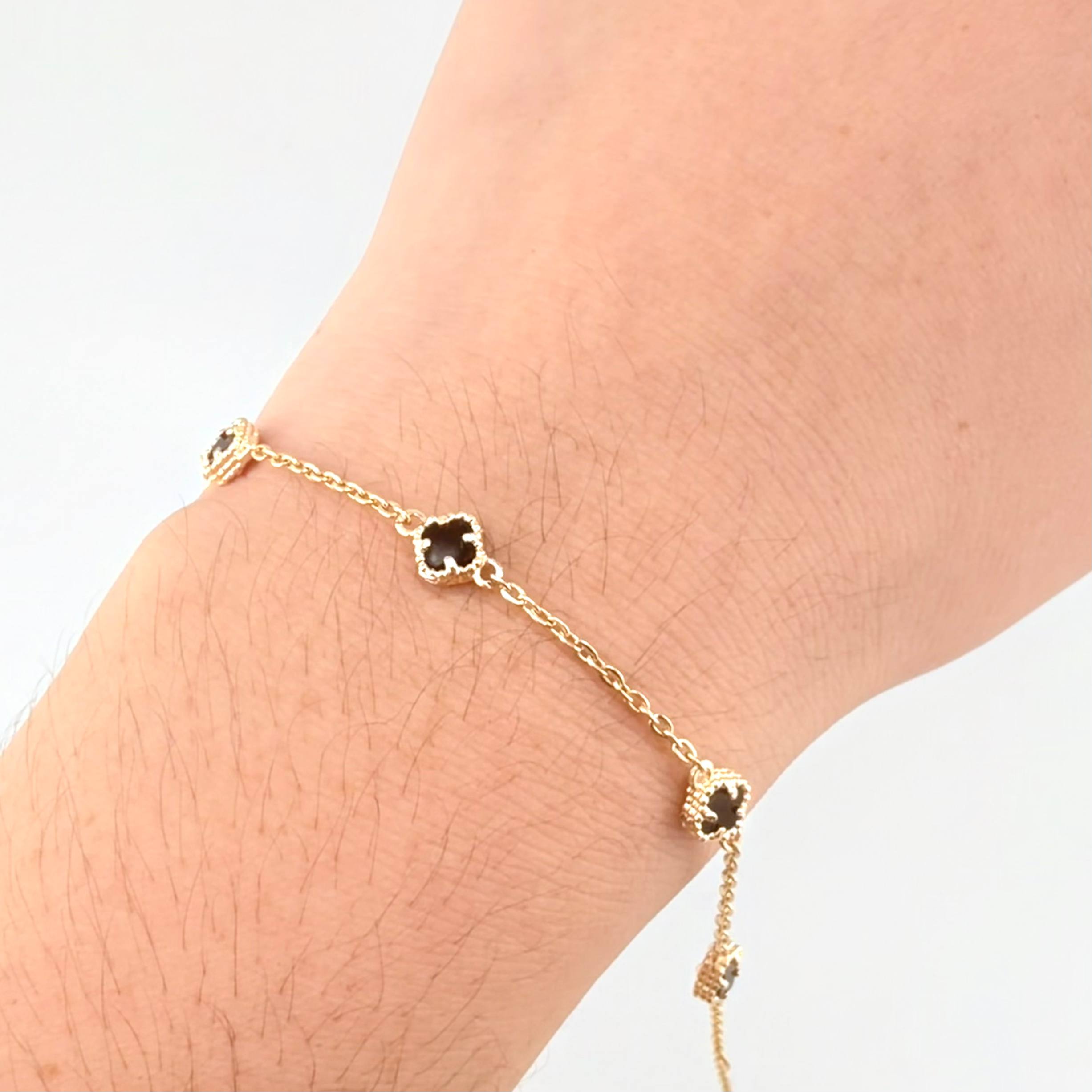 Pulso Trebol Onix Negro 2.9gr / 18.5cm / 1mm Oro Amarillo 18K