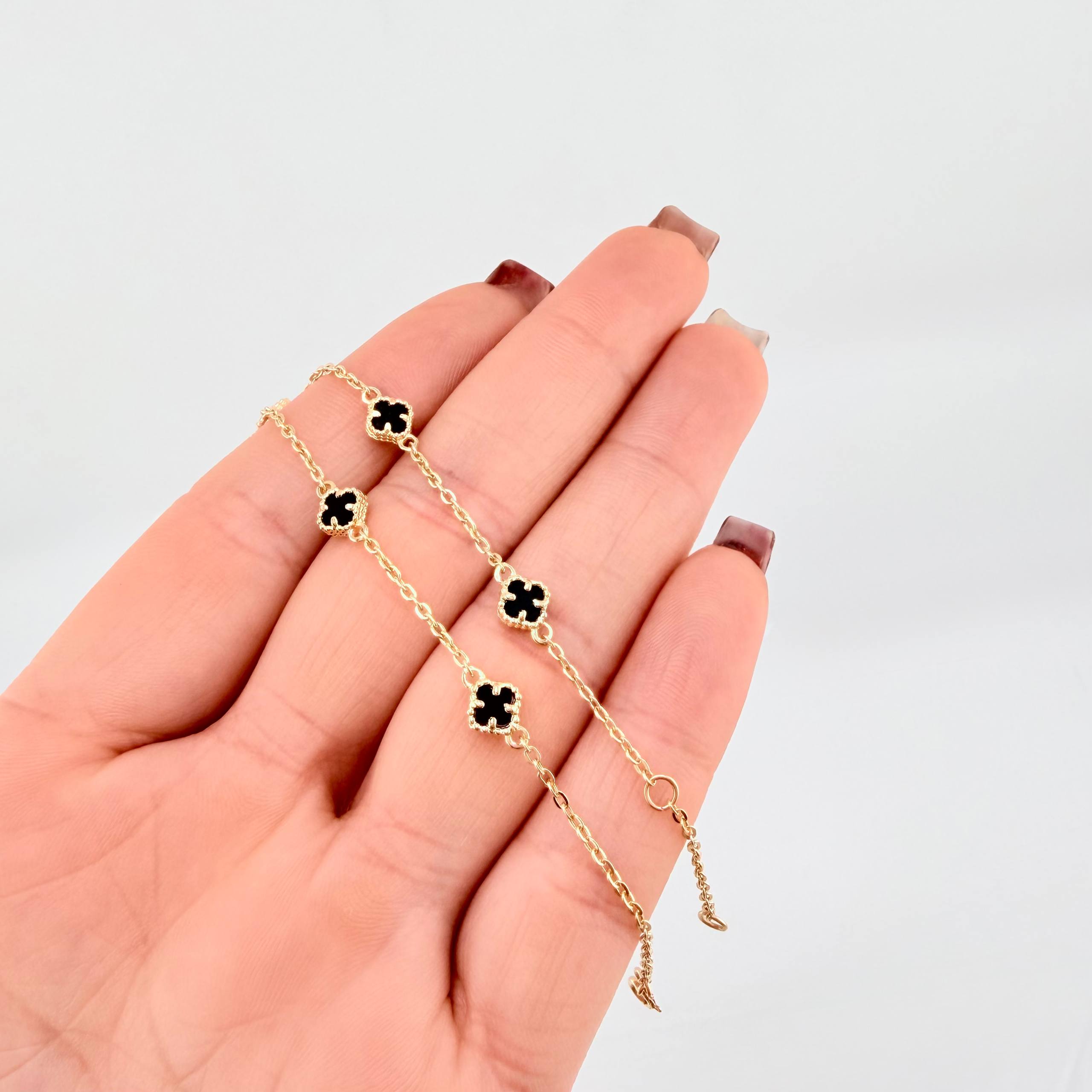 Pulso Trebol Onix Negro 2.9gr / 18.5cm / 1mm Oro Amarillo 18K
