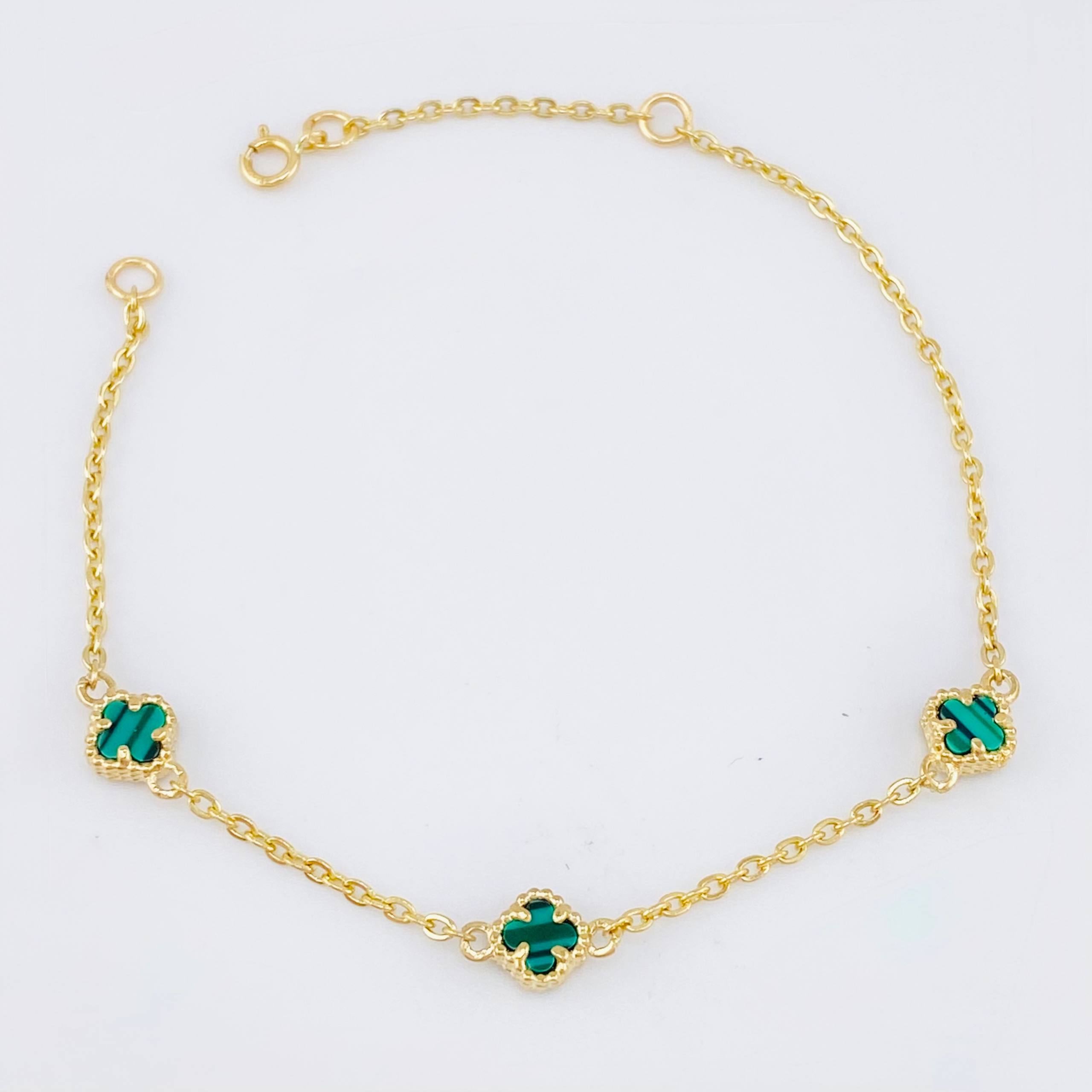 Pulso Trebol Malaquita Verde 2.25gr / 15cm-17cm / 5mm Oro Amarillo Nac.Esp. 18K *