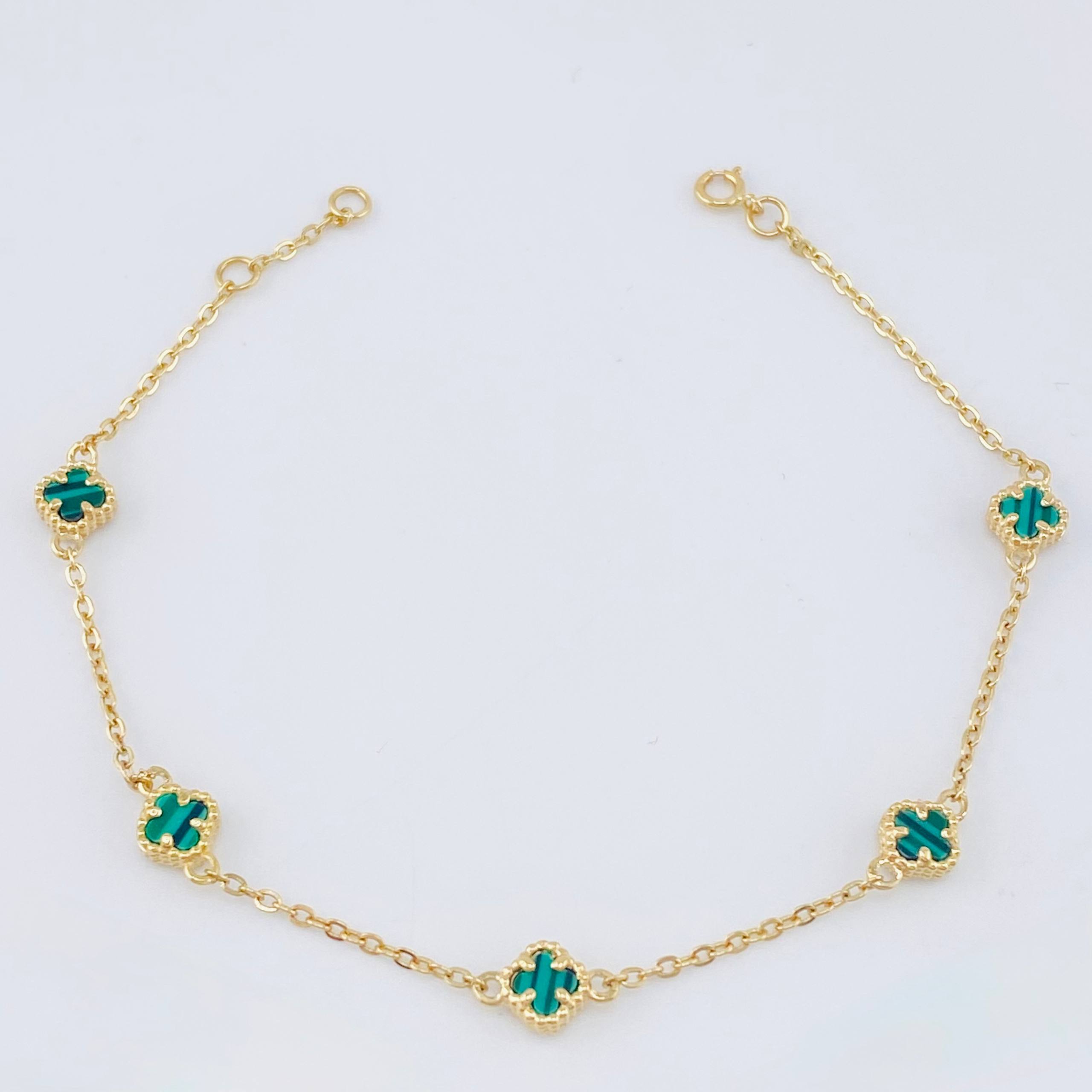 Pulso Trebol Malaquita Verde 2.95gr / 17cm-18cm / 5.8mm Oro Amarillo Nac.Esp. 18K