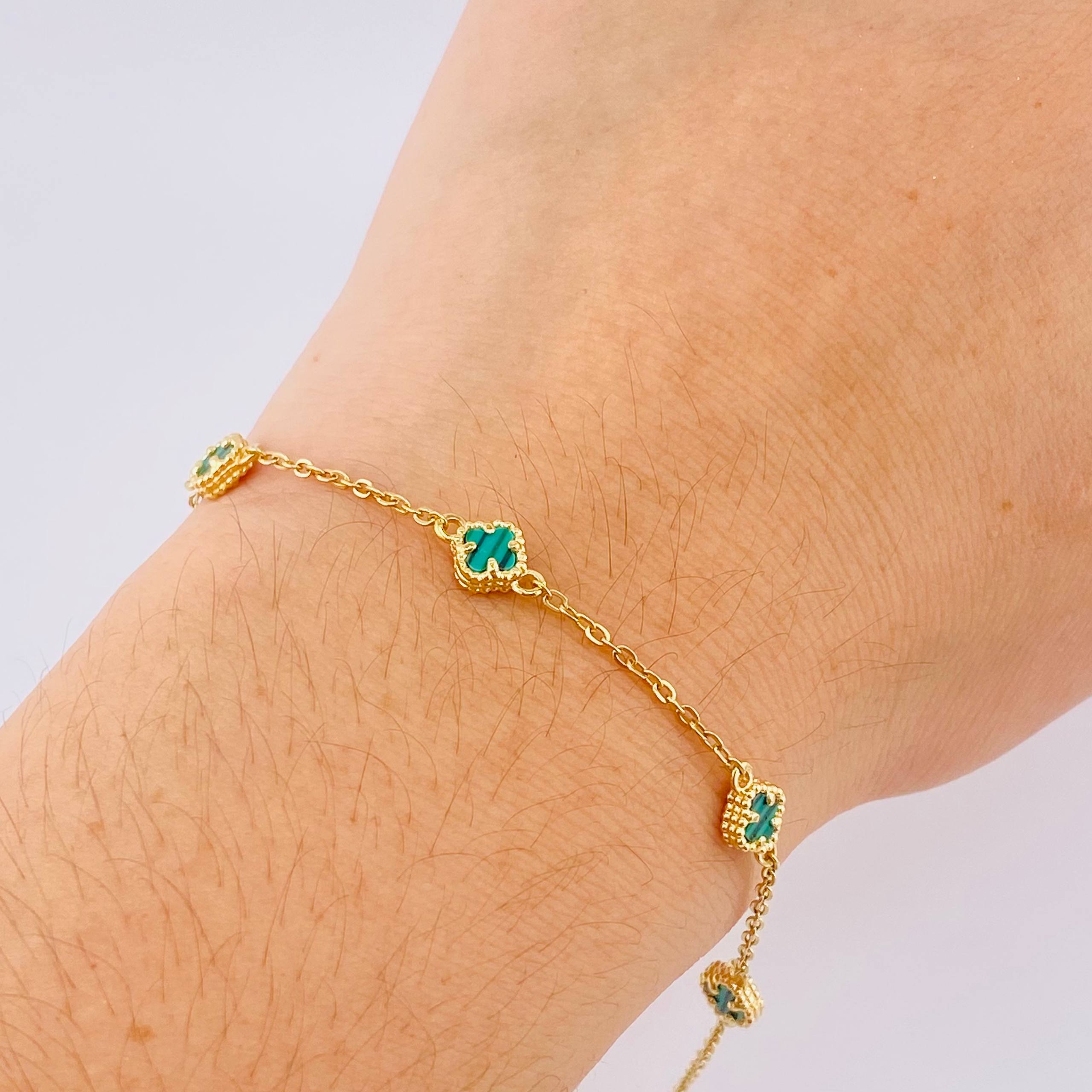 Pulso Trebol Malaquita Verde 2.95gr / 17cm-18cm / 5.8mm Oro Amarillo Nac.Esp. 18K