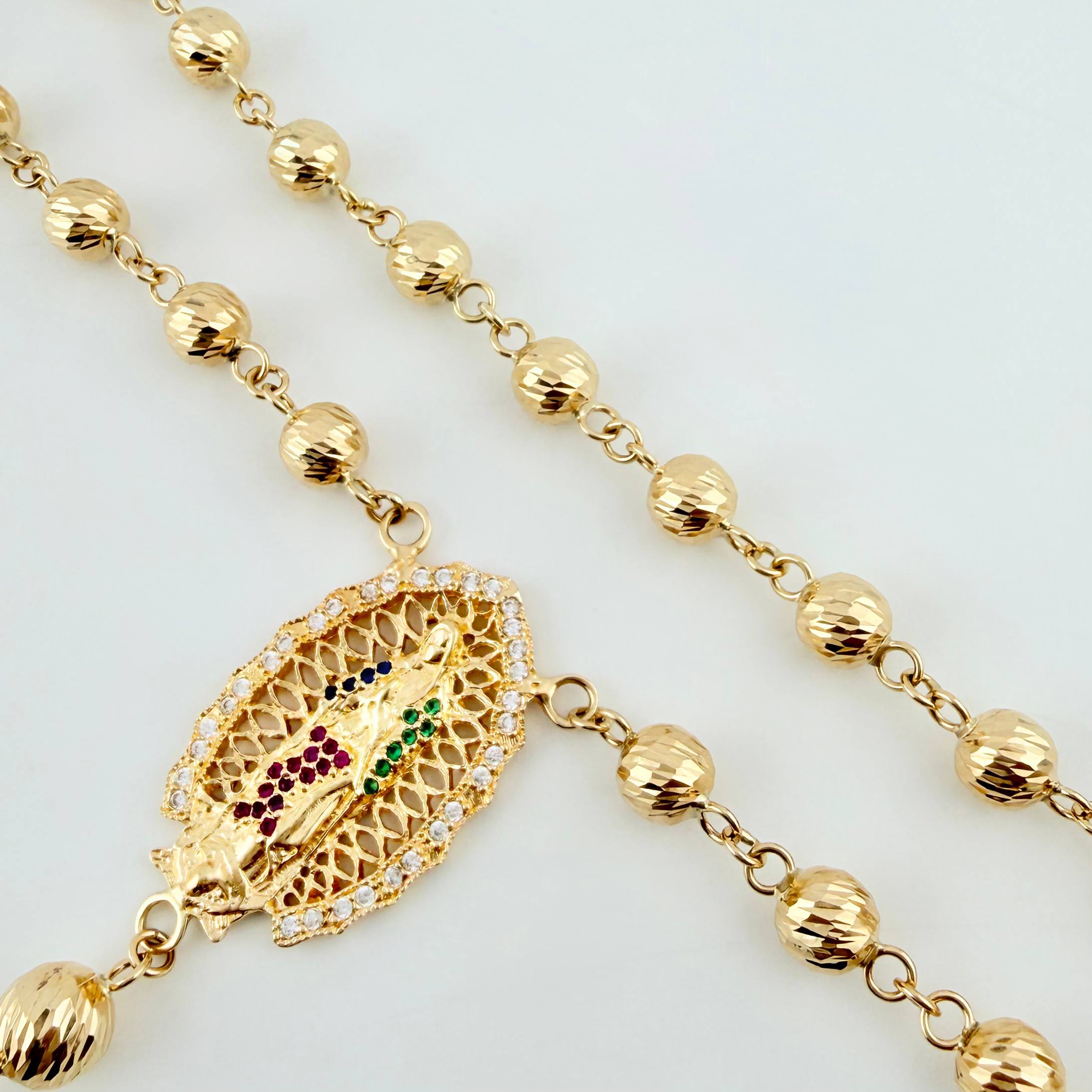 Rosario Virgen Guadalupe Crúz Cristo Romano 31gr / 70cm / 6mm-7mm Oro Amarillo 18K