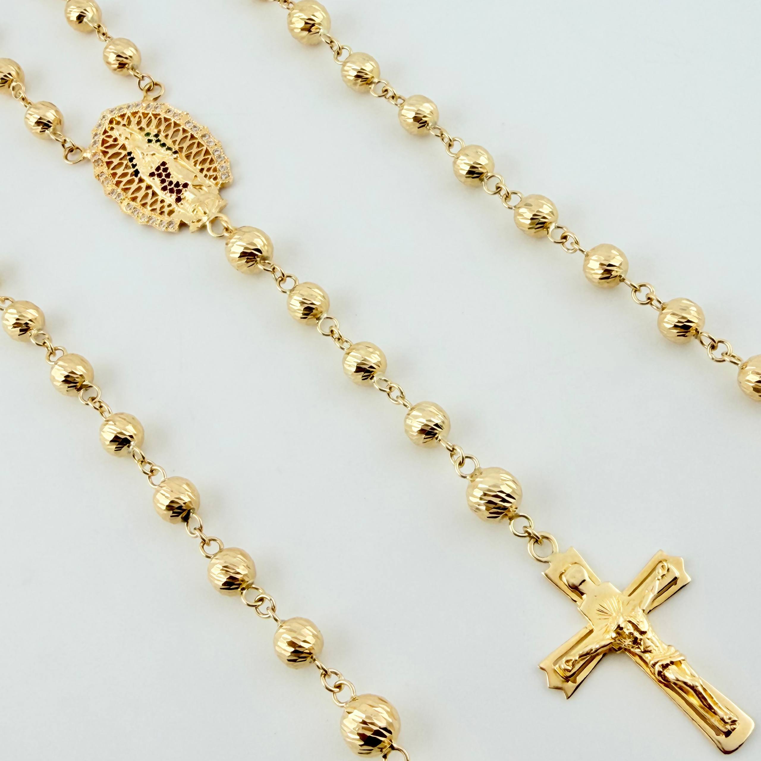 Rosario Virgen Guadalupe Crúz Cristo Romano 31gr / 70cm / 6mm-7mm Oro Amarillo 18K