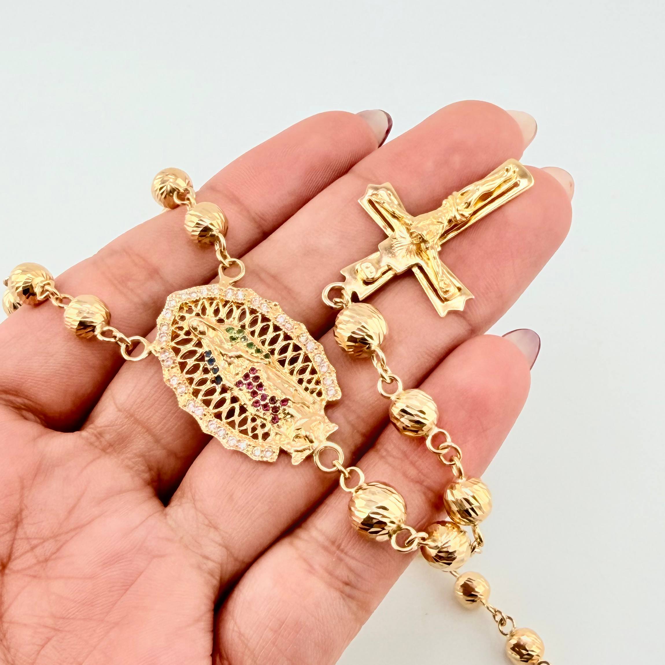 Rosario Virgen Guadalupe Crúz Cristo Romano 31gr / 70cm / 6mm-7mm Oro Amarillo 18K