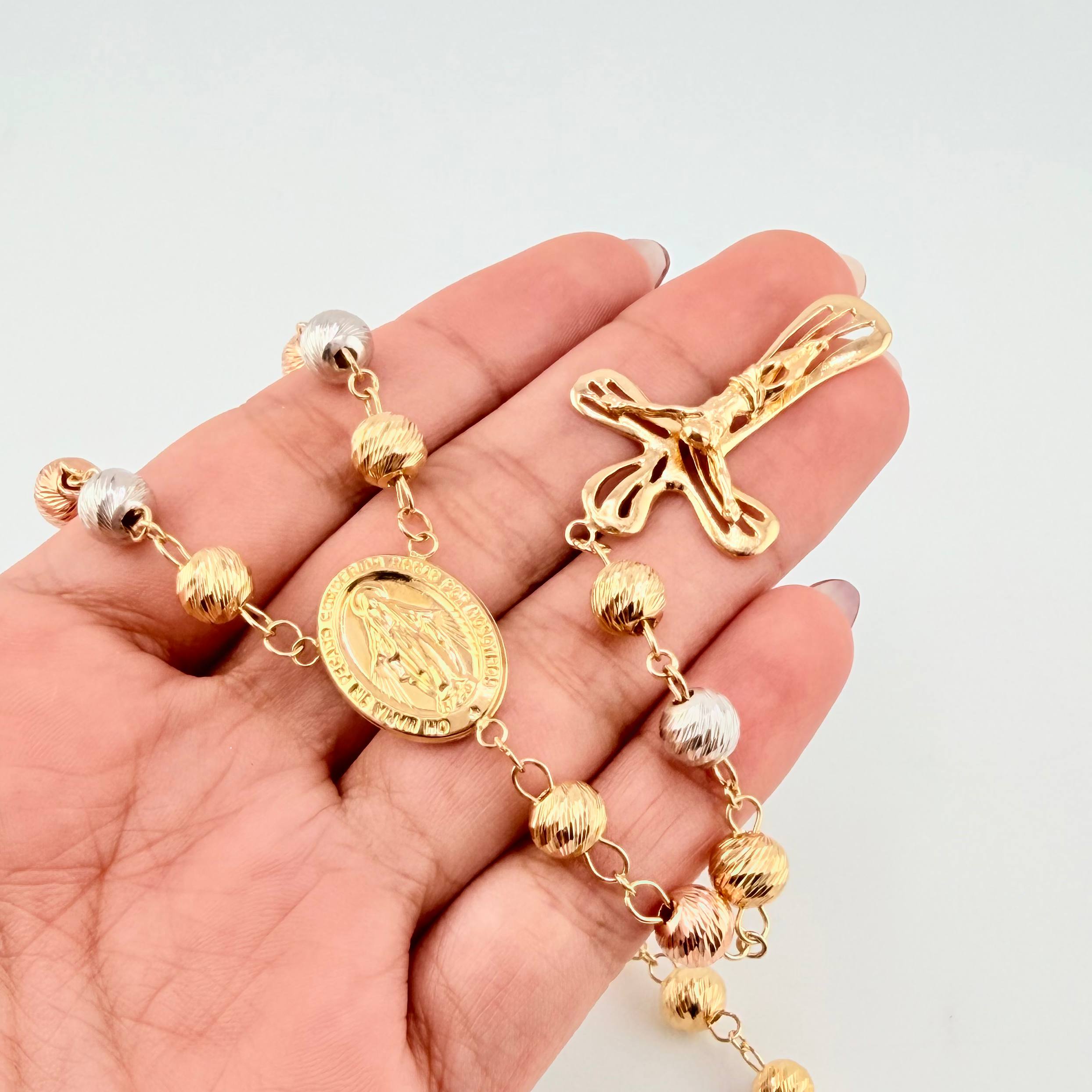 Rosario Virgen Milagrosa Crúz Cristo Bardera 29.1gr / 75cm / 7mm-8mm Tres Oros 18K
