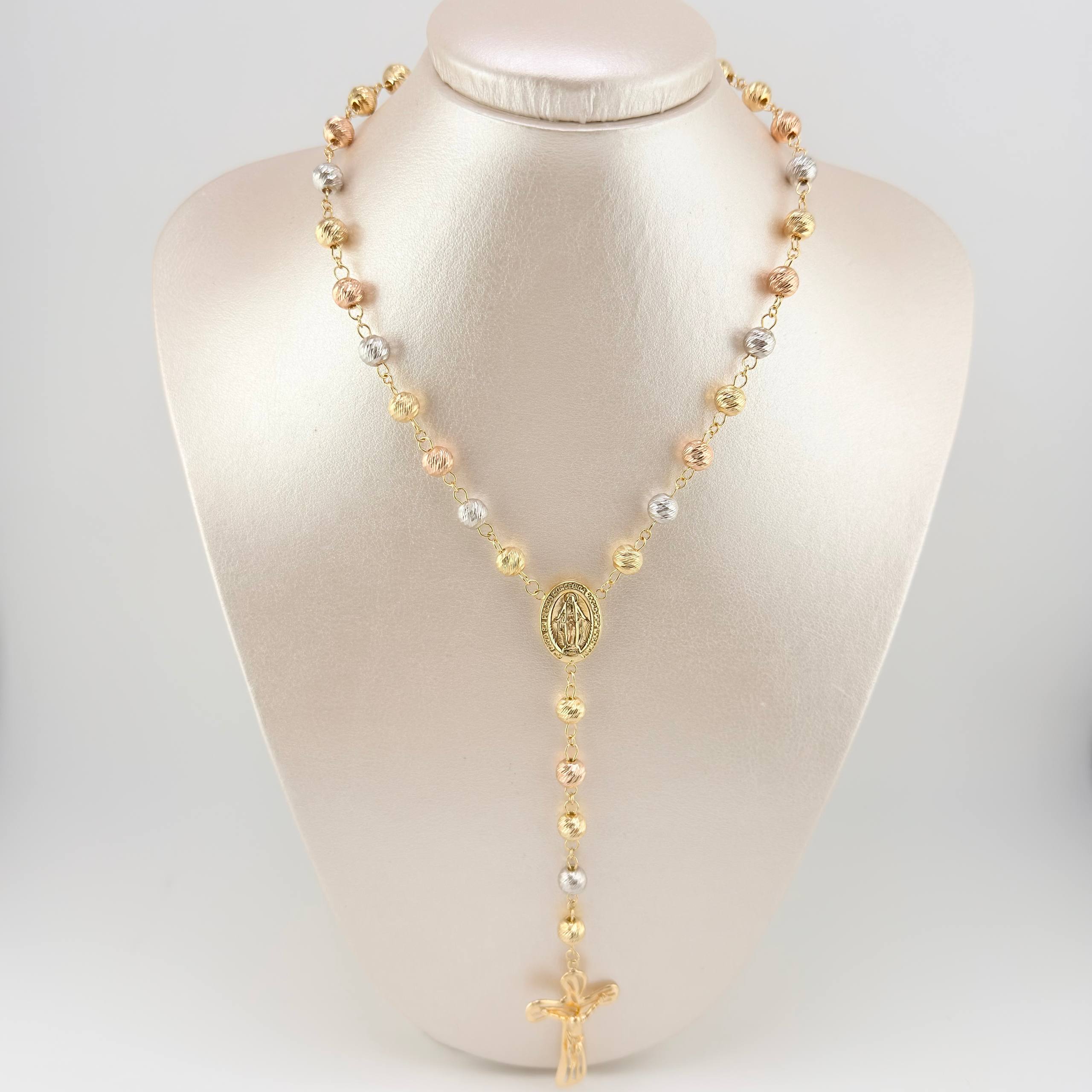 Rosario Virgen Milagrosa Crúz Cristo Bardera 28.95gr / 75cm / 7mm Tres Oros 18K *