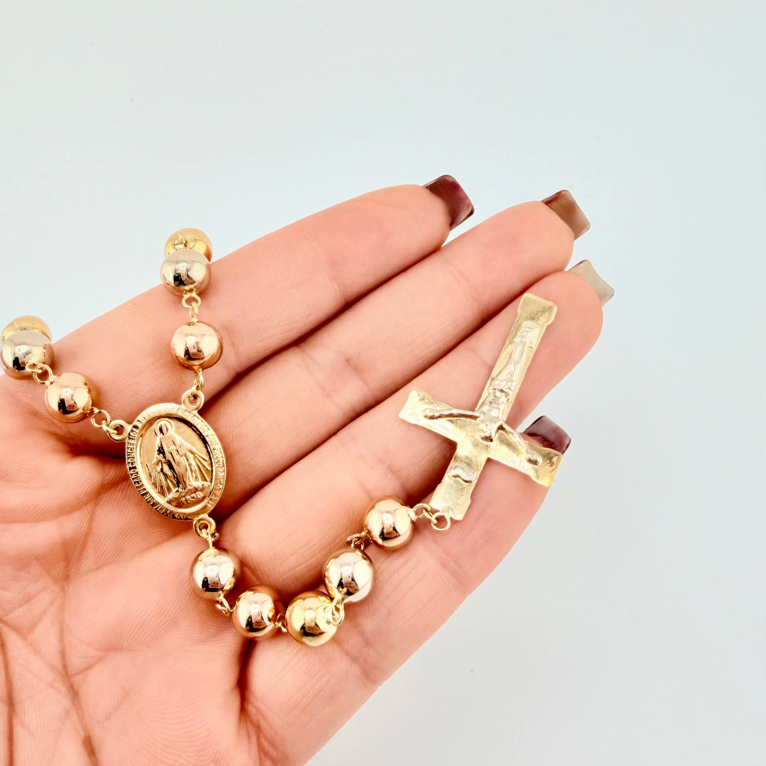 Rosario Virgen Milagrosa Cruz Cristo 30.6gr / 60cm / 7mm Tres Oros 18K