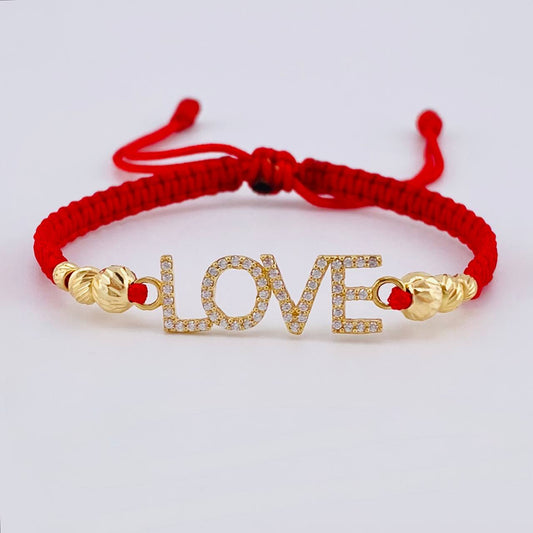 Pulsera Tejida Roja Herraje Love- Bolas 3Mm-4Mm-5Mm / 6 Und Oro Amarillo 18K (A.C)