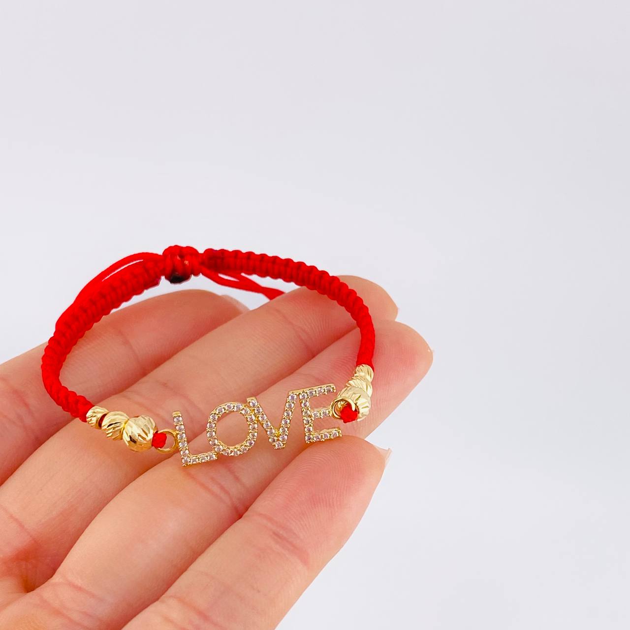 Pulsera Tejida Roja Herraje Love- Bolas 3Mm-4Mm-5Mm / 6 Und Oro Amarillo 18K (A.C)