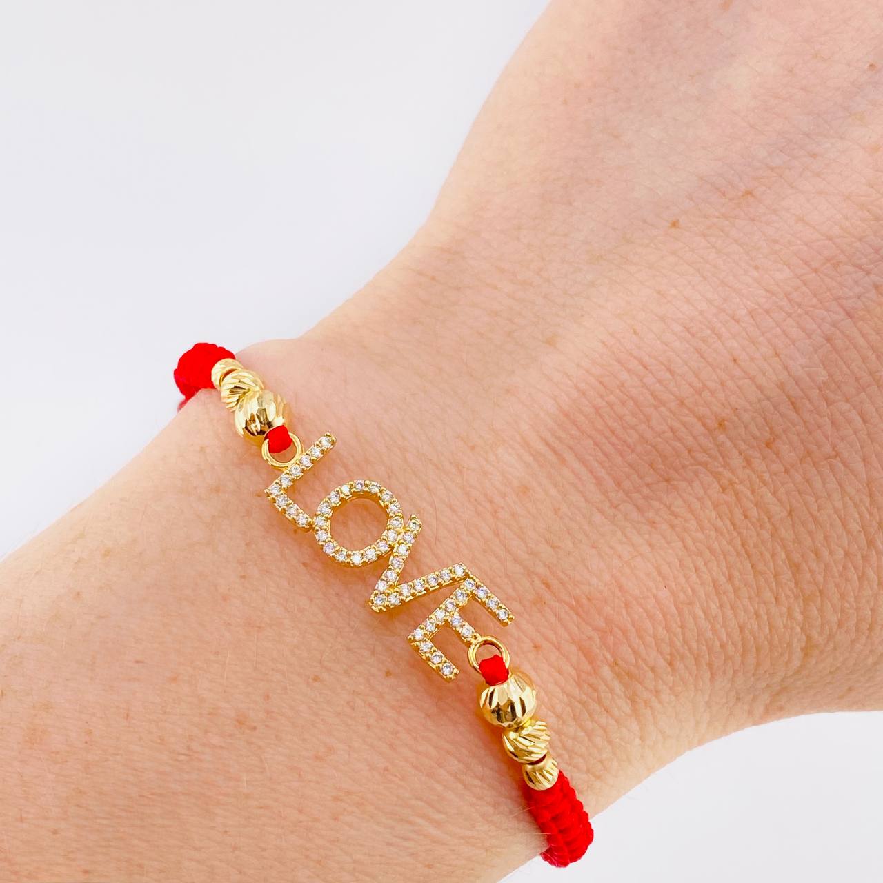 Pulsera Tejida Roja Herraje Love- Bolas 3Mm-4Mm-5Mm / 6 Und Oro Amarillo 18K (A.C)
