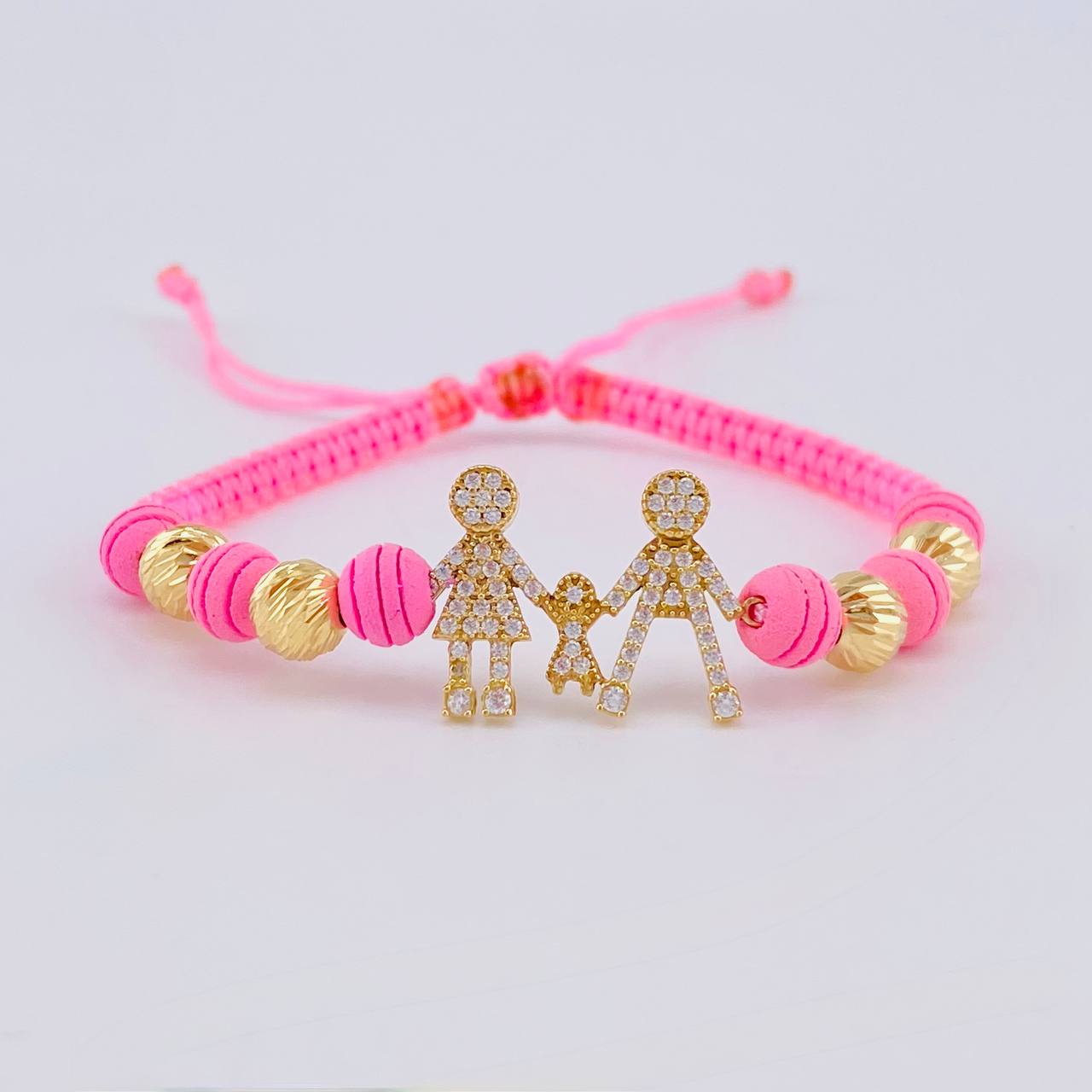 Pulsera Tejida Rosada Herraje Famlilia- Bolas 6Mm / 4 Und Oro Amarillo 18K