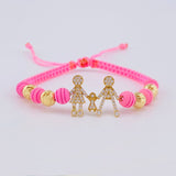 Pulsera Tejida Rosada Herraje Famlilia- Bolas 6Mm / 4 Und Oro Amarillo 18K