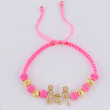 Pulsera Tejida Rosada Herraje Famlilia- Bolas 6Mm / 4 Und Oro Amarillo 18K