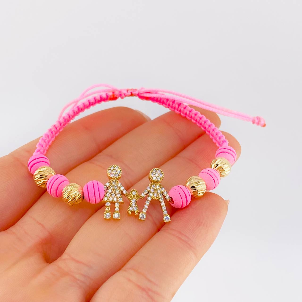 Pulsera Tejida Rosada Herraje Famlilia- Bolas 6Mm / 4 Und Oro Amarillo 18K