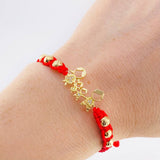 Pulsera Tejida Roja Herraje Familia- Bolas 5Mm / 6 Und Oro Amarillo 18K (A.C)