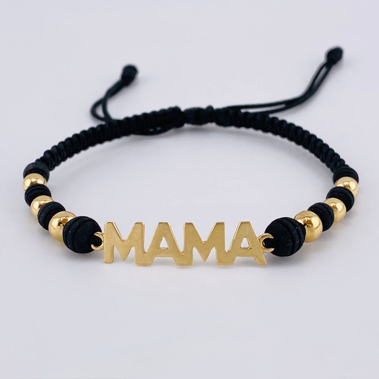 Pulsera Tejida Negra Herraje Mamá - Bolas 4Mm-5Mm / 6 Und Oro Amarillo 18K (A.C)