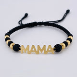Pulsera Tejida Negra Herraje Mamá - Bolas 4Mm-5Mm / 6 Und Oro Amarillo 18K (A.C)