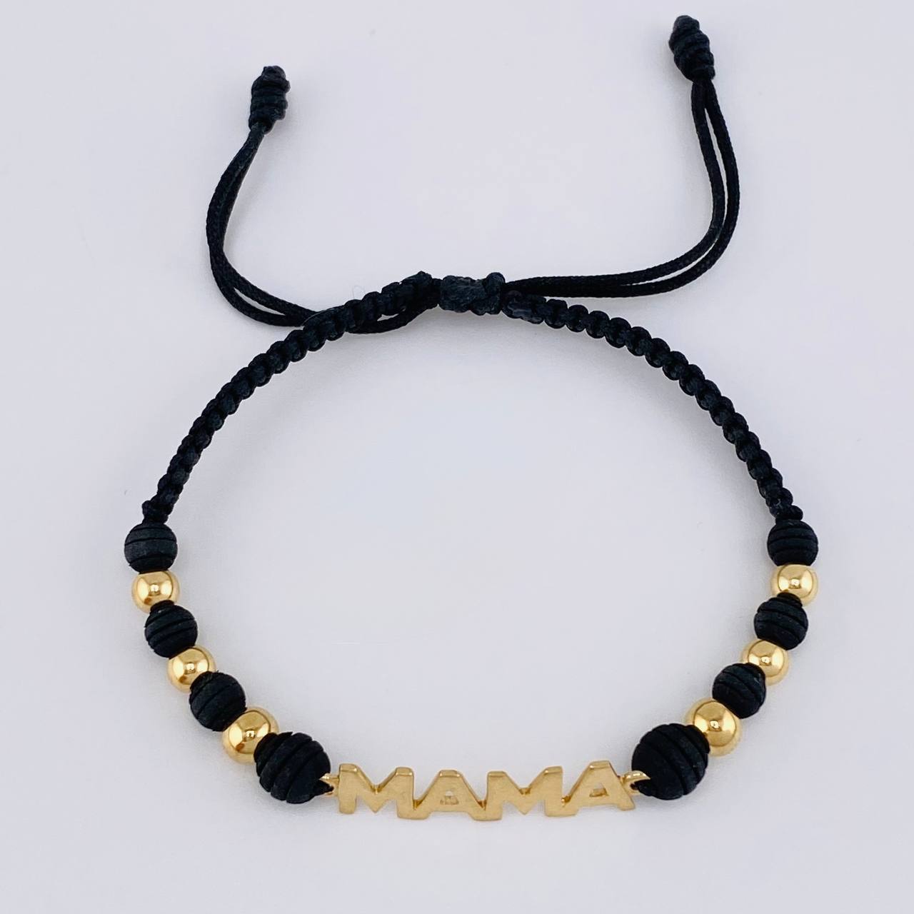 Pulsera Tejida Negra Herraje Mamá - Bolas 4Mm-5Mm / 6 Und Oro Amarillo 18K (A.C)