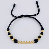 Pulsera Tejida Negra Herraje Mamá - Bolas 4Mm-5Mm / 6 Und Oro Amarillo 18K (A.C)