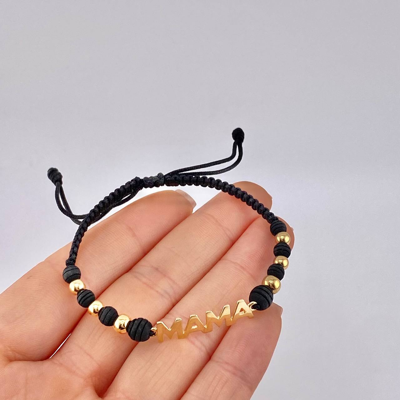 Pulsera Tejida Negra Herraje Mamá - Bolas 4Mm-5Mm / 6 Und Oro Amarillo 18K (A.C)