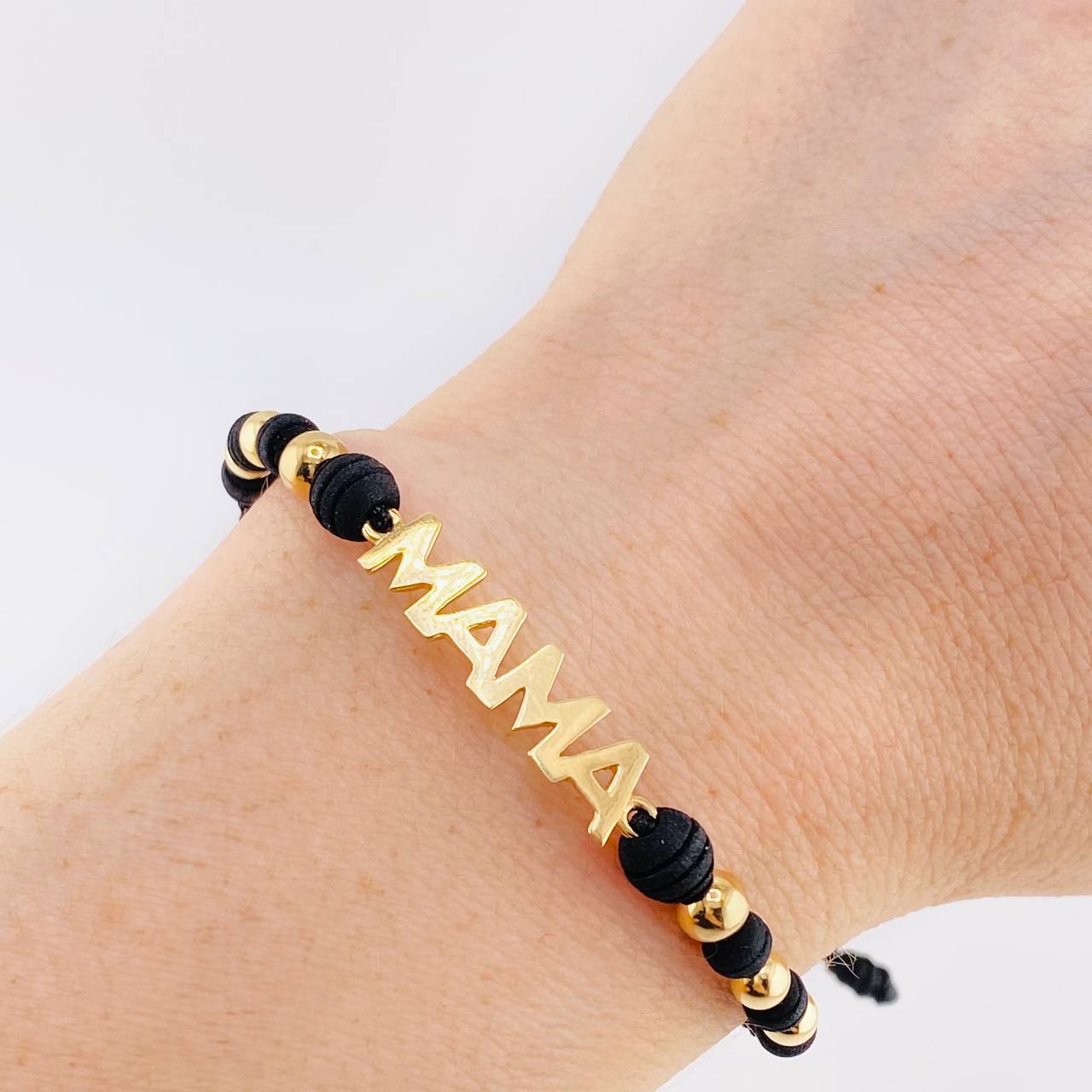 Pulsera Tejida Negra Herraje Mamá - Bolas 4Mm-5Mm / 6 Und Oro Amarillo 18K (A.C)